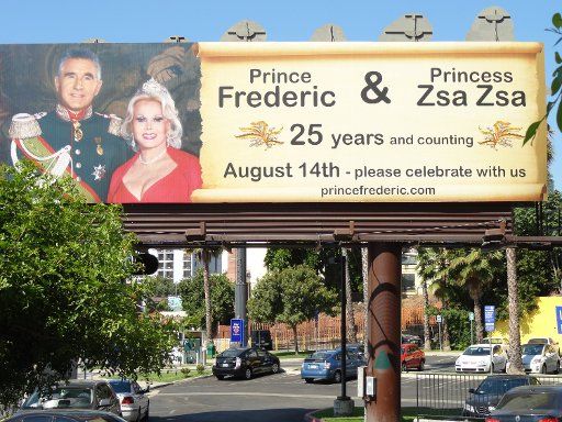 A huge greeting card complimenting the 25th wedding day of Frédéric Prince of Anhalt and Zsa Zsa Gabor is presented at Sunset Boulevard in Beverly Hills Los Angeles USA 25 JUly 2011. According to dpa Gabor\