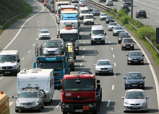 (FILE) An archive photo dated 21 April 2011 shows a traffic jam on autobahn 2\/3 heading north near Oberhausen Germany. The state transport minister of North Rhine-Westphalia is now having examined how the highways in his state can be made quieter. ...