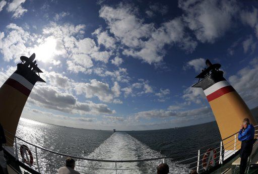 Clouds are seen behind the stern of the North Sea ferry \