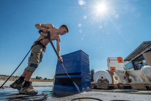 Helpers clean dirty boxes after the flood in Deggendorf, Germany, 19 June 2013. Photo: ARMIN