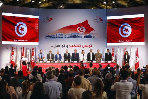 14 October 2019, Tunisia, Tunis: Officials of the Tunisian election commission hold a press conference to the results of a second round runoff of Tunisia·s presidential election. Photo: Khaled Nasraoui\/