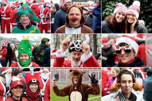 08 December 2019, Hamburg: The picture combo shows participants of the X-Mass Run St. Pauli, who started in christmas costumes for the run around the Millerntorstadion. Photo: Axel Heimken\/