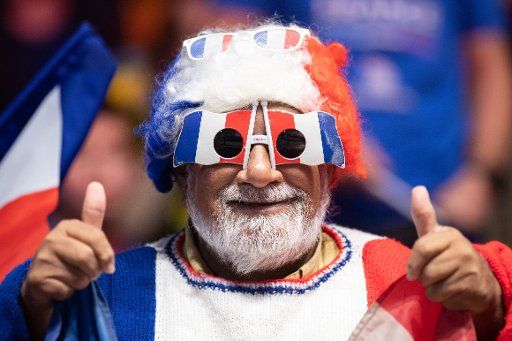 12 January 2020, Norway, Trondheim: Handball: European Championship, France - Norway, preliminary round, Group D, 2nd matchday. A fan from France in the stands. Photo: Robert Michael\/dpa-Zentralbild\/