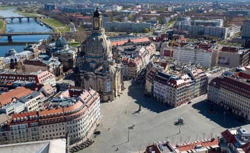 08 April 2020, Saxony, Dresden: The old town of Dresden with the Neumarkt and the Frauenkirche. (Aerial view with drone) Photo: Jan Woitas\/dpa-Zentralbild\/