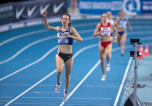 23 February 2020, Saxony, Leipzig: Athletics\/hall: German championship, 1500 m, women: 1st Hanna Klein (Tübingen) wins the run over 1.500 m. Photo: Jens Büttner\/dpa-Zentralbild\/