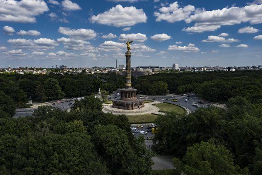 27 May 2020, Berlin: Clouds can be seen in the sky above the Victory Column. (aerial photo with drone) Photo: Paul Zinken\/dpa-zb-Zentralbild\/