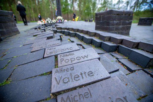 02 May 2020, Mecklenburg-Western Pomerania, Wöbbelin: A row of stones with the names of the victims in the memorial site at the former concentration camp Wöbbelin. At the commemoration event, which is limited in the number of participants due to the corona protection measures, the more than 1,000 victims of the concentration camp subcamp are remembered, which existed there for ten weeks shortly before the end of the war. It was liberated by US troops on 2 May 1945. Photo: Jens Büttner\/dpa-Zentralbild\/