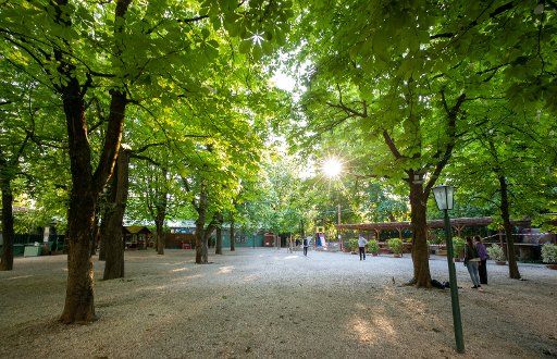 06 May 2020, Bavaria, Munich: The sun shines in the evening through the chestnuts of an empty beer garden in the Haidhausen district. Photo: Peter Kneffel\/