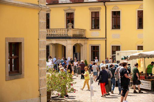 26 July 2020, Saxony, Meißen: The day of the open baroque castle Proschwitz is very busy. The neo-baroque style palace opened its doors to visitors and a wine, antique and garden market was held. Photo: Daniel Schäfer\/dpa-Zentralbild\/ZB