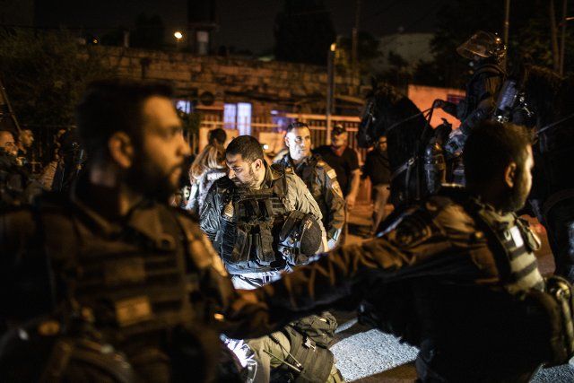 04 May 2021, Israel, Jerusalem: Israeli security forces are seen during during a demonstration against the planned evictions process in the Sheikh Jarrah neighbourhood. Photo: Ilia Yefimovich\/dpa