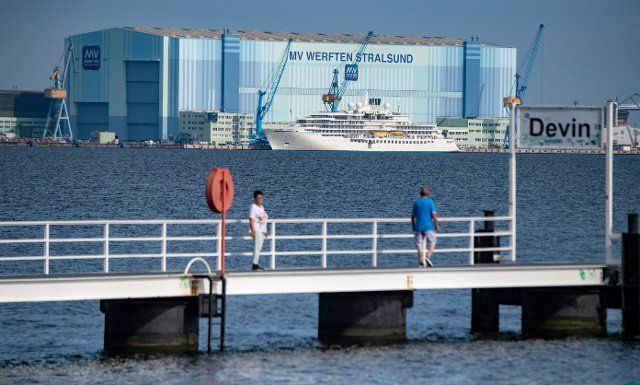 06 July 2021, Mecklenburg-Western Pomerania, Stralsund: The expedition cruise ship "Crystal Endeavor", built in Stralsund, is now moored at the shipyard\