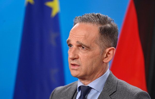 19 May 2021, Berlin: Foreign Minister Heiko Maas (SPD) addresses journalists at a joint press conference with his Slovenian counterpart. Photo: John Macdougall\/AFP-Pool\/dpa