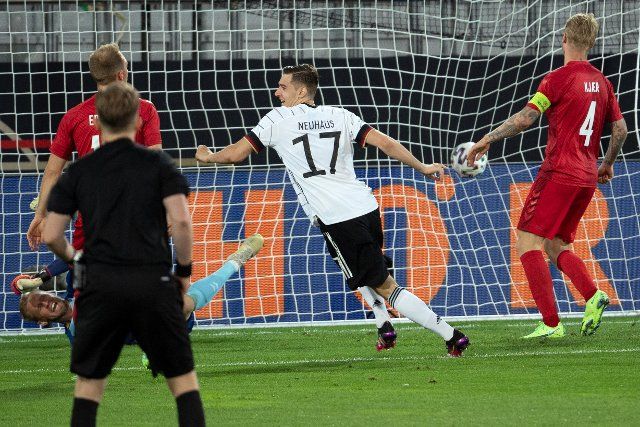 02 June 2021, Austria, Innsbruck: Football, internationals, Germany - Denmark, Tivoli Stadion: Germany Florian Neuhaus celebrates his goal to make it 1:0. Photo: Federico Gambarini\/dpa-POOL\/dpa