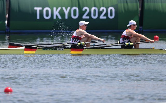 25 July 2021, Japan, Tokio: Rowing: Olympics, men , double sculls, Sea Forest Waterway semifinals. Stephan Krüger and Marc Weber from Germany. Photo: Jan Woitas\/dpa-Zentralbild\/dpa