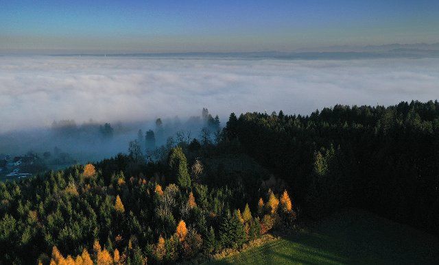 12 November 2021, Bavaria, Ruderatshofen: The sun shines on the autumnal mountain forest while the lower altitudes of the foothills of the Alps are already covered with fog (aerial photo taken with a drone). Photo: Karl-Josef Hildenbrand\/dpa