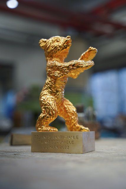 25 January 2022, Berlin: A Golden Bear, trophy of the Berlinale. Photo: Jörg Carstensen\/dpa
