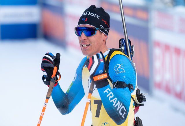 13 January 2022, Bavaria, Ruhpolding: Biathlon: World Cup, Sprint 10 km in Chiemgau Arena, men. Quentin Fillon Maillet from France in the finish. Photo: Sven Hoppe\/dpa