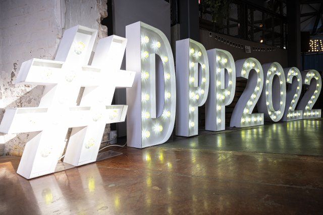23 June 2022, Berlin: The hashtag for the German Podcast Award is up for the ceremony at the venue. In seven categories, 1022 podcasts from all over Germany were submitted for the award. Photo: Fabian Sommer\/dpa