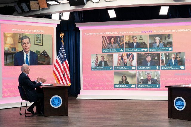 United States President Joe Biden participates in a meeting with Governors to discuss efforts to protect access to reproductive health care in the South Court Auditorium in Washington, DC, July 1, 2022. Credit: Chris Kleponis \/ CNP