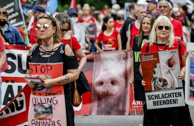 02 July 2022, Hamburg: Participants in a demonstration by Animal Right Watch for the closure of slaughterhouses carry placards reading "Stop killing animals" and "End slaughter" in their hands. Photo: Axel Heimken\/dpa