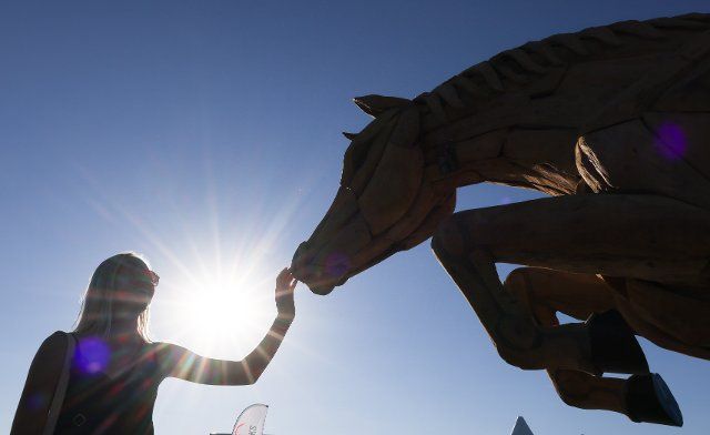 12 August 2022, Denmark, Herning: Equestrian sport: world championship, jumping. A horse sculpture made of wood can be seen on the event site in the backlight of the setting sun. Photo: Friso Gentsch\/dpa