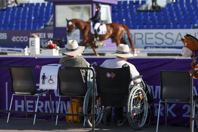 12 August 2022, Denmark, Herning: Equestrian sport: World Championship, Para dressage. A dressage rider with handicap (grade I) rides his horse. In the foreground, a spectator sits in a wheelchair on a course for people with disabilities. Photo: Friso Gentsch\/dpa