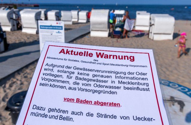 16 August 2022, Mecklenburg-Western Pomerania, Ueckermünde: A warning from the Ministry of Social Affairs and Health of Mecklenburg-Western Pomerania against bathing due to water pollution in the Oder River is seen at the bathing beach on the Szczecin Lagoon. After the massive fish kill in the Oder River, the state government of Mecklenburg-Western Pomerania advises against swimming for several bathing sites. This is a precautionary measure. Photo: Jens Büttner\/dpa