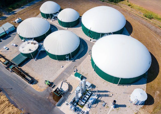 16 August 2022, Mecklenburg-Western Pomerania, Torgelow: The biogas plant in Torgelow with a total of six large tanks. (Aerial photograph taken with a drone). The plant will supply 15,000 inhabitants of the city of Torgelow. The plant of the company Mele Biogas, which previously consisted of six storage tanks, will be expanded to double its capacity by fall 2023. According to the Mecklenburg-Western Pomerania State Association for Renewable Energy, an energy volume of more than 100 million kilowatt hours per year will be produced here and also fed into the natural gas grid. Photo: Jens Büttner\/dpa