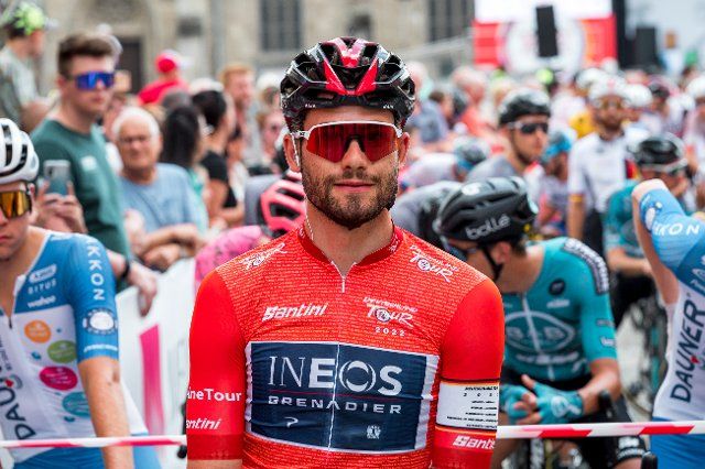 26 August 2022, Thuringia, Meiningen: Cycling: Tour of Germany, Meiningen - Marburg (200.70 km), stage 2. Filippo Ganna from Italy of Ineos Grenadiers before the start. Photo: Daniel Vogl\/dpa