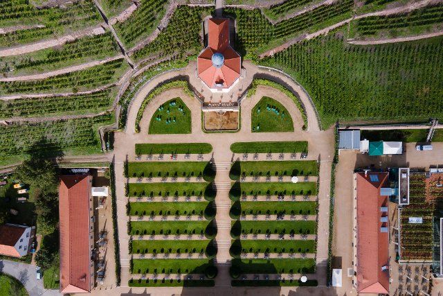 26 September 2022, Saxony, Radebeul: Passers-by walk through the baroque grounds of the Saxon State Winery Schloss Wackerbarth with the Belvedere and the historic vineyards. (Aerial view with a drone) Photo: Sebastian Kahnert\/dpa
