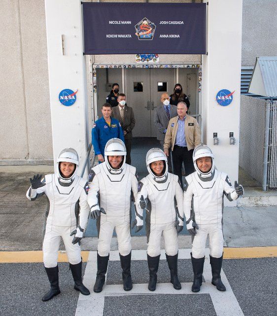 Roscosmos cosmonaut Anna Kikina, left, NASA astronaut Josh Cassada, second from left, NASA astronaut Nicole Mann, second from right, and Japan Aerospace Exploration Agency (JAXA) astronaut Koichi Wakata, right, are seen as they prepare to depart the Neil A. Armstrong Operations and Checkout Building for Launch Complex 39A to board the SpaceX Crew Dragon spacecraft for the Crew-5 mission launch, Wednesday, Oct. 5, 2022, at NASA\u0092s Kennedy Space Center in Florida. NASA\u0092s SpaceX Crew-5 mission is the fifth crew rotation mission of the SpaceX Crew Dragon spacecraft and Falcon 9 rocket to the International Space Station as part of the agency\u0092s Commercial Crew Program. Mann, Cassada, Wakata, and Kikini are scheduled to launch at 12:00 p.m. EDT, from Launch Complex 39A at the Kennedy Space Center. Mandatory Credit: Joel Kowsky \/ NASA via CNP