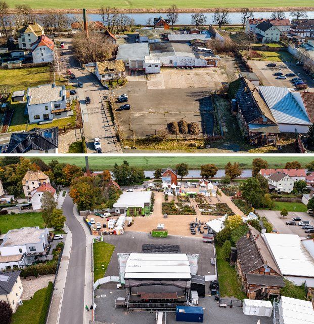06 October 2022, Saxony, Torgau: The image combo shows the abattoir site before the State Horticultural Show (taken on 13.02.2018) and during the show. From April 23 to October 9, Torgau will host the 9th Saxon State Garden Show. The next host was Aue-Bad Schlema under the motto "From the Wismutschacht to the splendor of flowers". (Aerial view with drone) Photo: Jan Woitas\/dpa-Zentralbild\/dpa