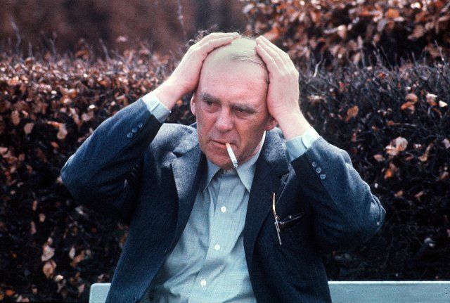 ARCHIVE PHOTO: 50 years ago, on October 19, 1972, Heinrich Boell received the Nobel Prize in Literature, Culture The writer and Nobel Prize winner Heinrich BOELL, Germany, portrait, with hands on head, smoking , Qf