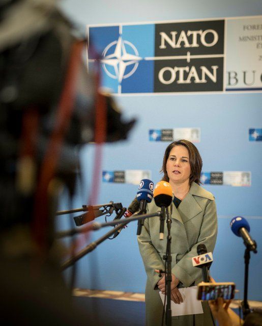 Annalena Baerbock (Buendnis 90\/Die Gruenen), Federal Foreign Minister, gives a statement before the start of the meeting of NATO foreign ministers in Bucharest
