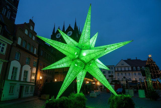 04 December 2022, Mecklenburg-Western Pomerania, Stralsund: A poinsettia about seven meters high stands on the Old Market in front of the City Hall. Photo: Stefan Sauer\/dpa