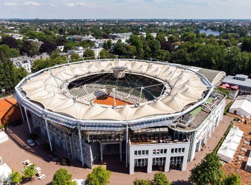 17 July 2018, Germany, Hamburg: The Rothenbaum tennis stadium with the Center Court at the district of Rothenbaum (taken with drone). The organisors of the men\