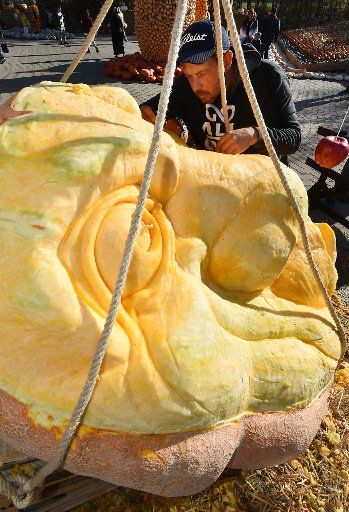 21 October 2018, Brandenburg, Klaistow: Pumpkin carver Rick Reiski works on a pumpkin weighing 562 kilograms. The biggest pumpkin face in Brandenburg is part of the pumpkin exhibition in Klaistow. Photo: Bernd Settnik\/dpa-Zentralbild\/