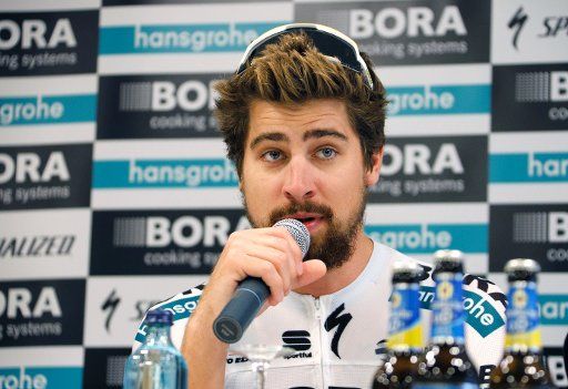 10 December 2018, Spain, Palma: Cyclist Peter Sagan speaks during a press conference. The German bicycle racing stable Bora-hansgrohe presented the new jersey. Photo: Clara Margais\/