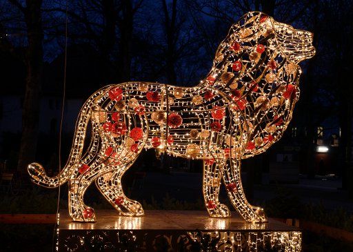 10 January 2019, Saxony, Leipzig: The replica of a lion in the zoo is illuminated by LED lamps. Until 03.02.2019 the Gondwanaland of the zoo and parts of the enclosure shine in the evening hours in bright colours as the magical "tropical light". Photo: Peter Endig\/dpa-Zentralbild\/
