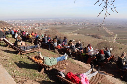 17 February 2019, Rhineland-Palatinate, Diedesfeld: Excursionists enjoy the early spring weather in a restaurant on the Wetterkreuzberg in the Palatinate. After a sunny spring weekend, the weather in Germany will remain mild in the coming days. (Best possible available quality) Photo: Rene Priebe\/