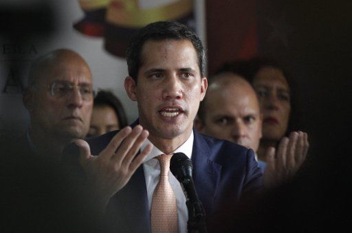 09 May 2019, Venezuela, Caracas: Juan Guaido, self-declared president of Venezuela, speaks at a press conference in Caracas, Venezuela on May 9, 2019 following the arrest of the vice president of the National Assembly. Photo: Pedro Mattey\/