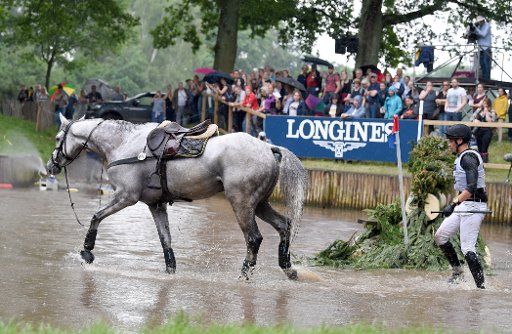 15 June 2019, Lower Saxony, Luhmühlen: Equestrian sports\/multifaceted: German championship, cross-country. Christoph Wahler from Germany has to catch his horse Carajatan S after his fall in the so-called Longines moat. Photo: Carmen Jaspersen\/