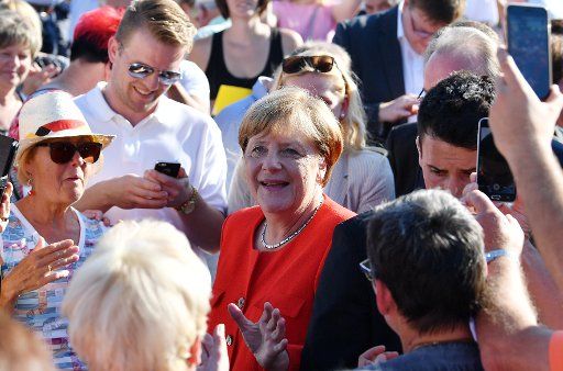 German Chancellor Angela Merkel arrives at an election campaign event of the CDU in Bitterfeld-Wolfen, Germany, 29 August 2017. German general elections will be held on 24 September 2017. Photo: Hendrik Schmidt\/dpa-Zentralbild\/