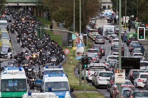 Bikers ride along the federal motorway B1 towards Alexanderplatz squre in Berlin in Berlin, Germany, 9 September 2017. The protest of the biker club Hells Angels with the motto \