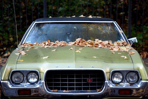 Autumn leaves lie on a historical Ford car in Berlin, Germany, 20 October 2017. Photo: Maurizio Gambarini\/