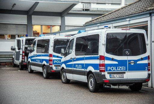 Police vehicles can be seen after a raid of the "leftist centre Lilo Hermann" in Stuttgart, Germany, 5 December 2017. Five months after the protests against the G20 summit in Hamburg the police has performed raids in eight states. Photo: Sven Kohls\/SDMG\/