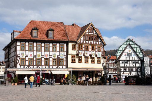 24 March 2018, Germany, Schmalkalden: Timbered houses in the listed, middle-ages old city at the old market with houses built between the 16th to 18th centuries. Photo: Jens Kalaene\/