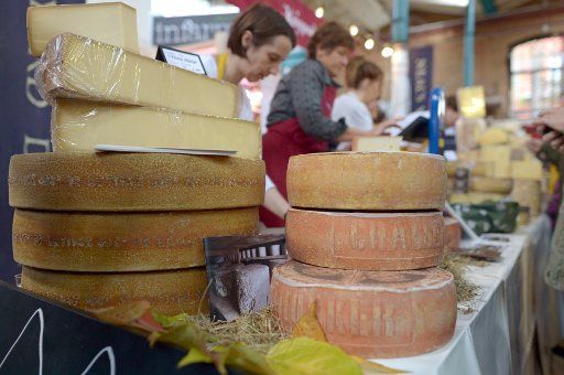 Various cheeses are on display at the cheese fair \