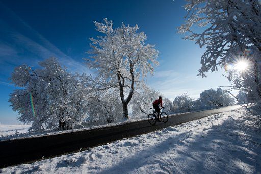 Racing cyclist Tino Zieger cycles through the white winter landscape of the Ore Mountains near Krasny Les, Czech Republic, 26 January 2014. (Model released) Photo: Arno