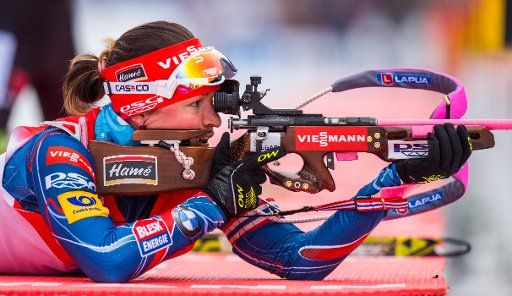 Veronika Vitkova of Czech Republic in action at the shooting range during the women\